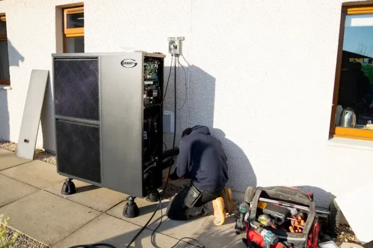 Technician installing large outdoor equipment.