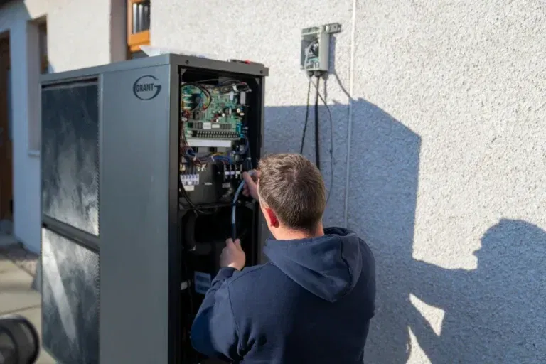 Technician repairing outdoor heat pump unit.
