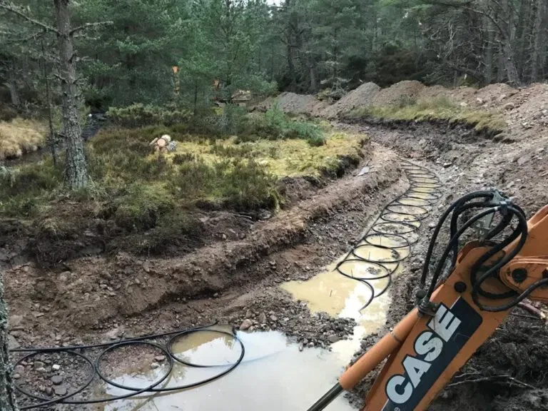 Excavator digging a trench in forest area.