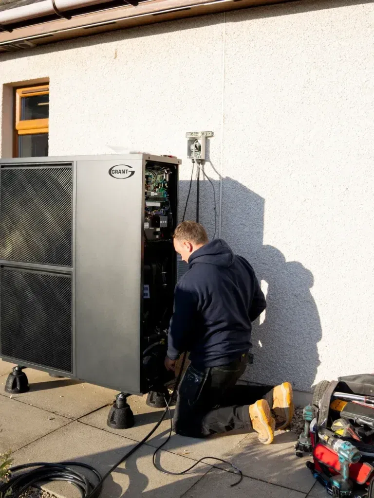 Technician repairing outdoor heating unit